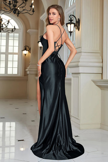 Glitrende Sort korset lang gallakjole med slids